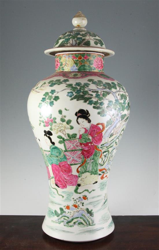 A large Japanese famille rose baluster jar and cover, Meiji period, 60.5cm, wood stand